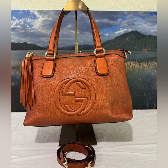 Gucci Pebbled Calfskin Small Soho Top Handle Bag Metallic Copper - Picture 1 of 15